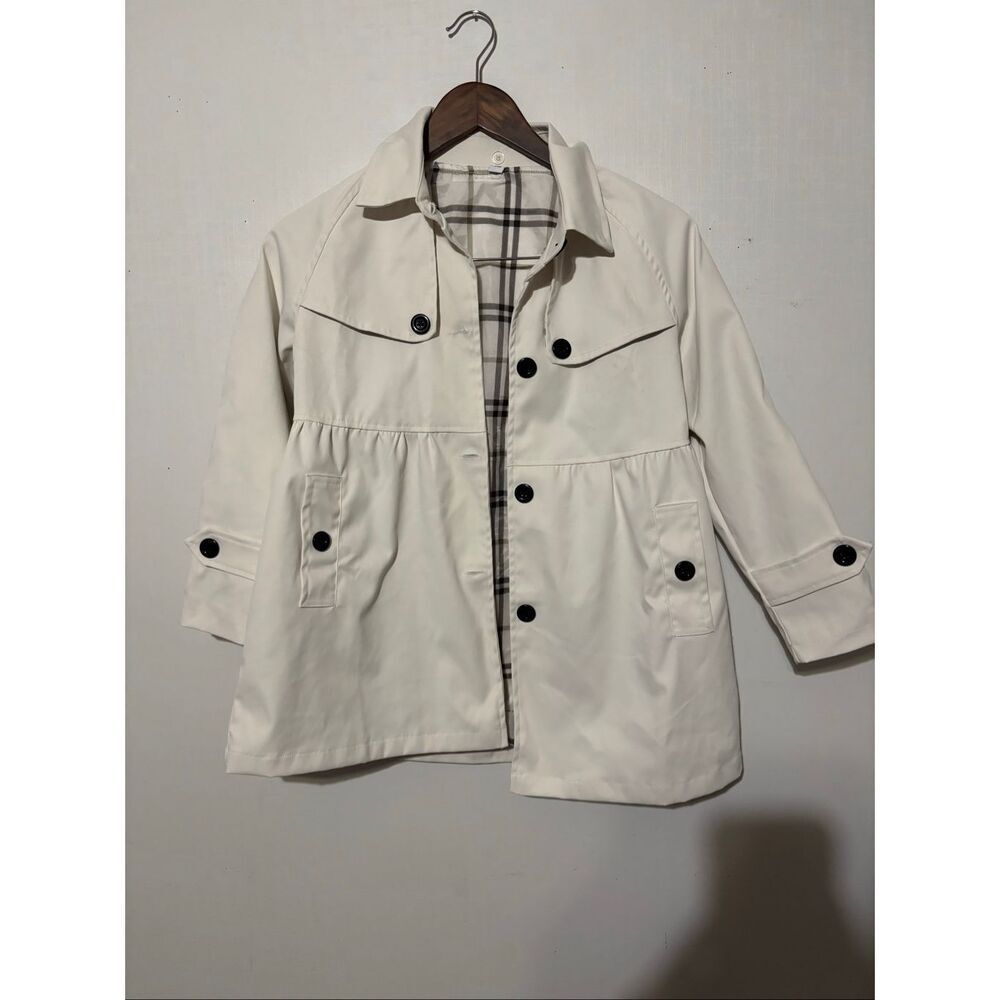 No Brand Little Girls Size Small White Black Button Up Trench Coat Jacket